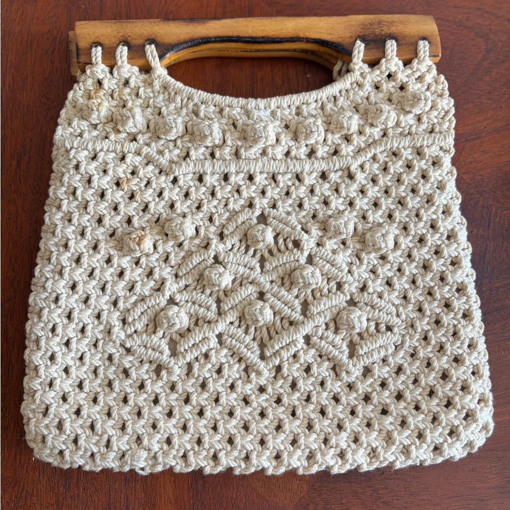 Cream Crochet Bag with Wooden Handle